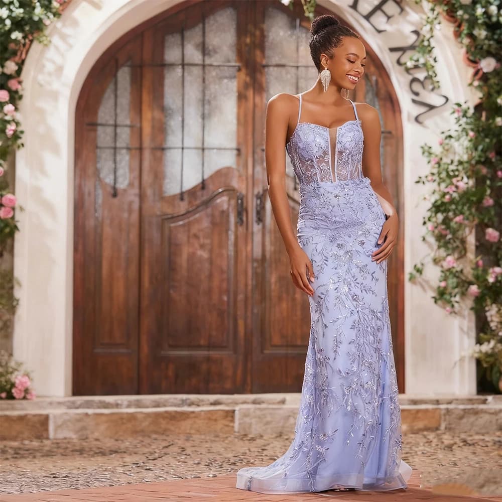 DRESS FORU Purple Elegant Evening Dresses Organza for Floor-Length Sweetheart Spaghetti Strap Prom Dress Appliques Customized