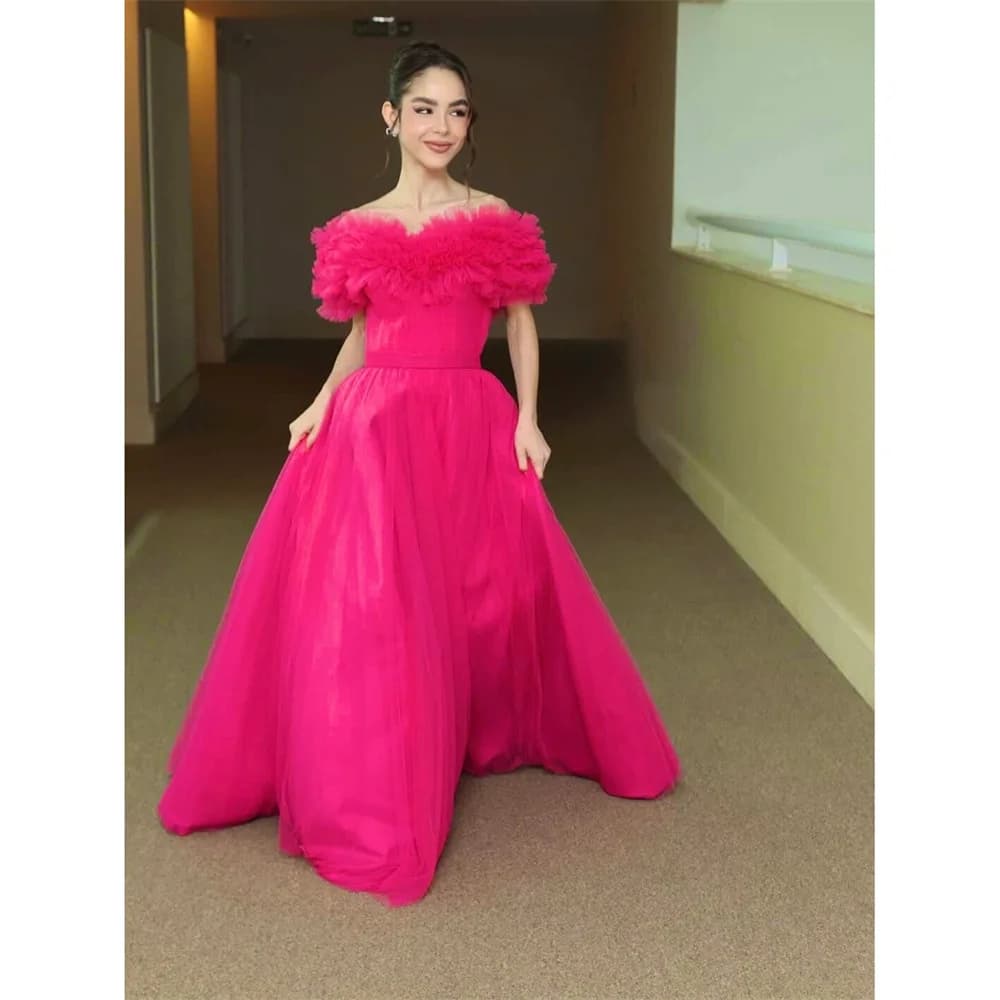 Lucy Tulle Off The Shoulder pink Ball Gown Prom Dress Gala Tiered New Premium Designer Beautiful Ruffles 2026 Customized