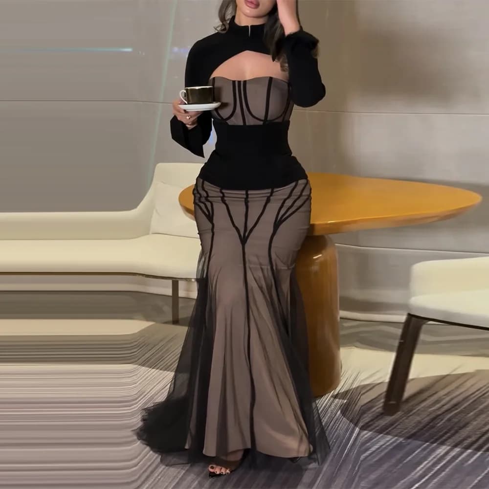 Strapless Shawl Long Sleeves Evening Dress Customized Elegant Mermaid Party Dress High Quality Zipper Back Celebrity Gowns