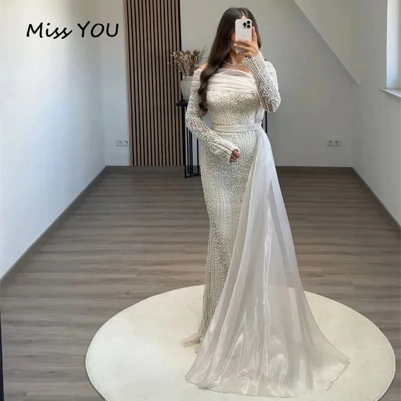 Customized Evening Dress  Women's Elegant Beaded Pearls Luxury Mermaid with Long Sleeve Vintage Formal Prom Wedding Party Gowns