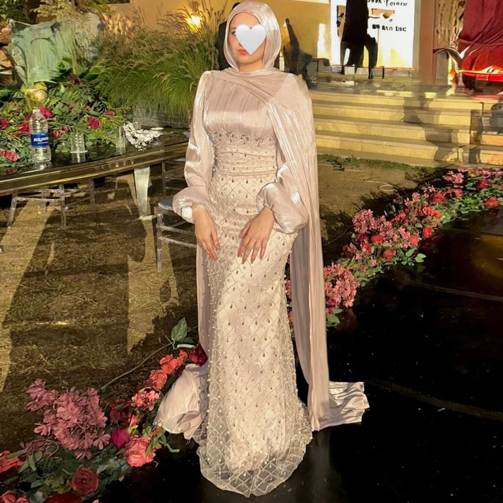 Customized Luxurious Hijab Evening Dresses with Beading Embroidery High Neck Lantern Sleeve Muslim Wedding Guest Dress With Cape