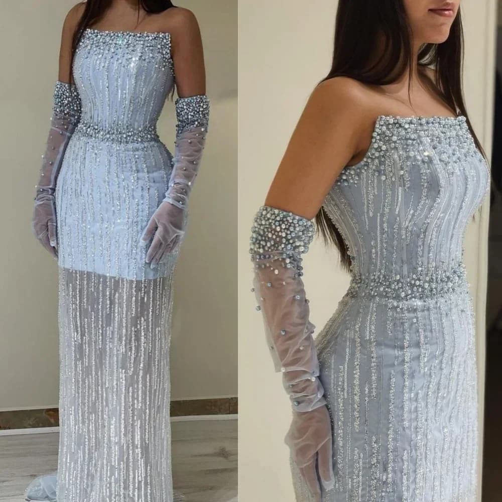 Customized Evening Dresses Light Blue Pearls Luxury Dubai Prom Dress Mermaid Elegant Strapless High Quality Party Gown for Women