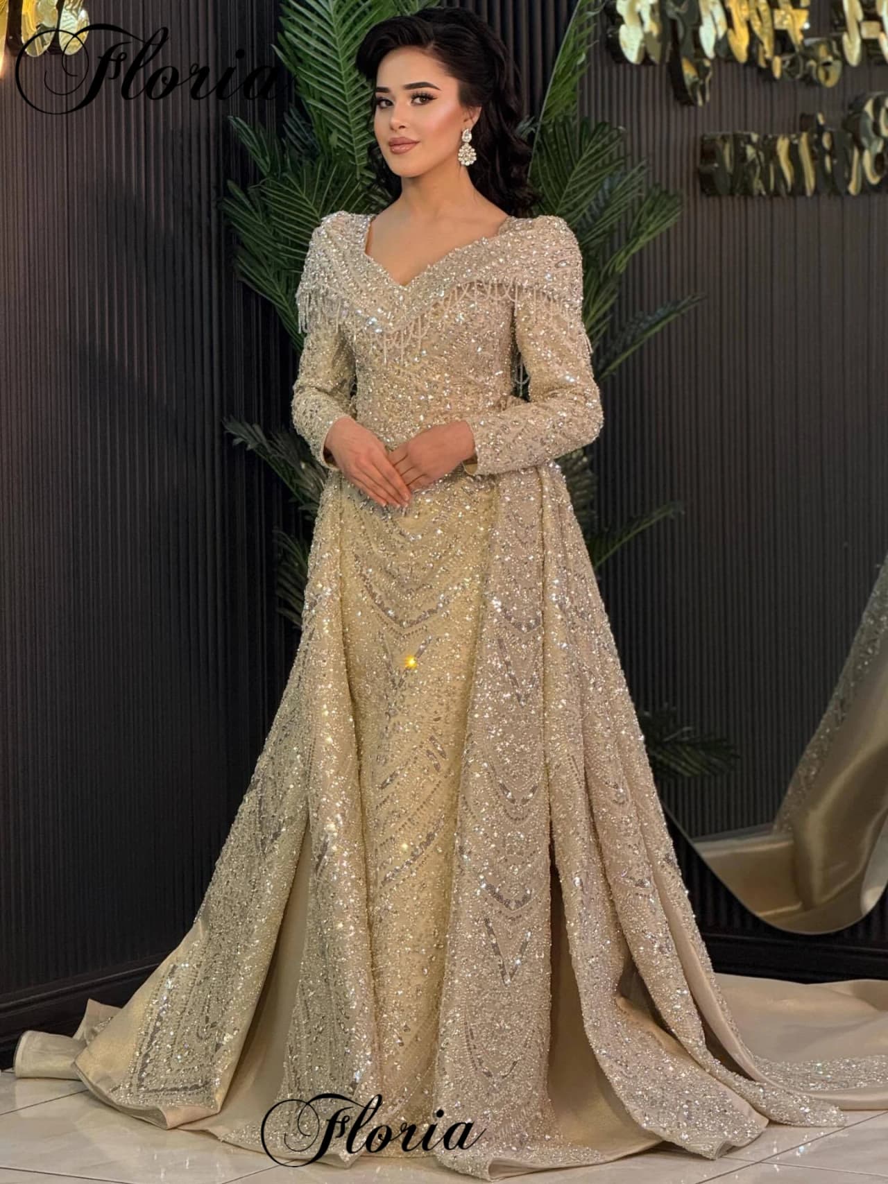 Vintage Champagne Evening Dresses With Detachable Train Long Sleeves Formal Occasion Dresses Mermaid Crobe de soirée Customized