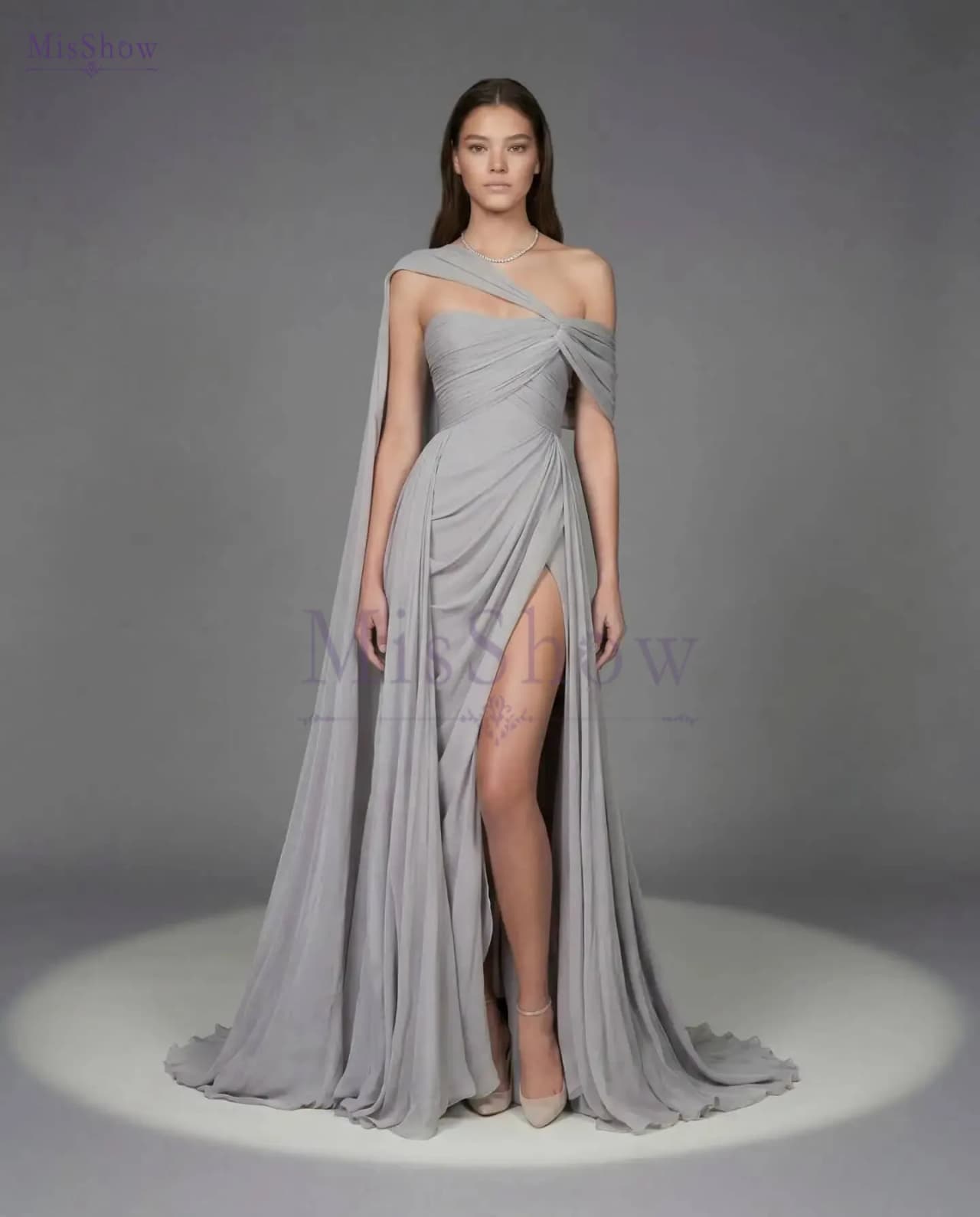 Misshow Customized One Shoulder Draped Chiffon Gown For Women Ruched Waist High Slit Cape Sleeve Formal Prom Evening Dress