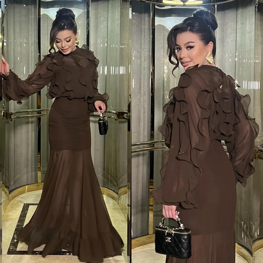 Customized Modern Style Exquisite Chiffon Pleat Ruched Mermaid High Collar Long Dresses Bespoke Occasion Dresses High Quality