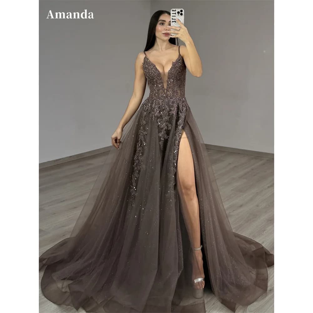 Amanda Customized A-Line Deep V-Neck Sequinned Appliques Prom Dress Sleeveless vestidos de noche Side High Split Formal Evening
