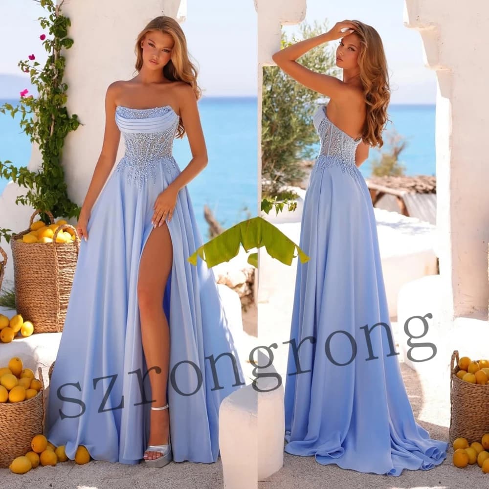Customized Blue Off Shoulder Pleated Formal Evening Dress Backless A-line Side Slit Floor Length Prom Party Dress with Sequins