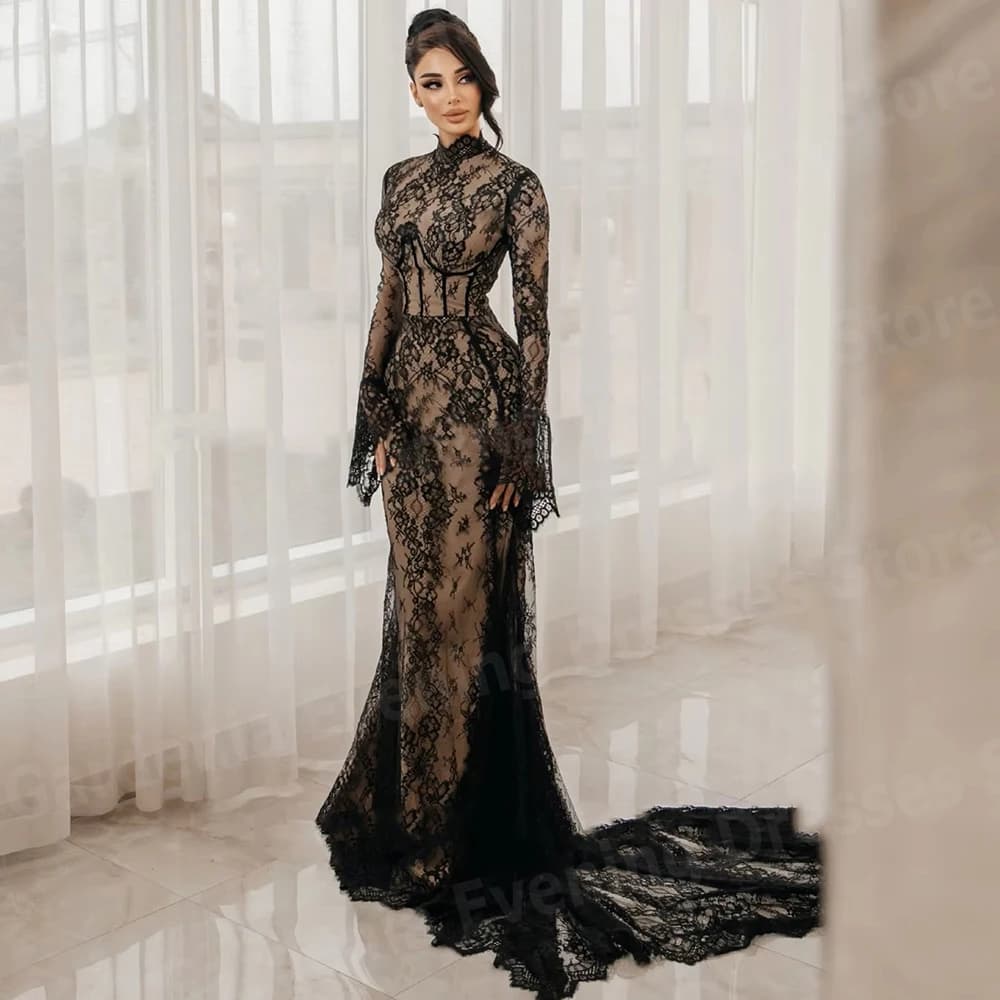 Luxurious Mermaid Women's Evening Dresses Lace Long Sleeve High Neck Prom Gowns Vestidos Para Mujer Customized Robe De Soirée