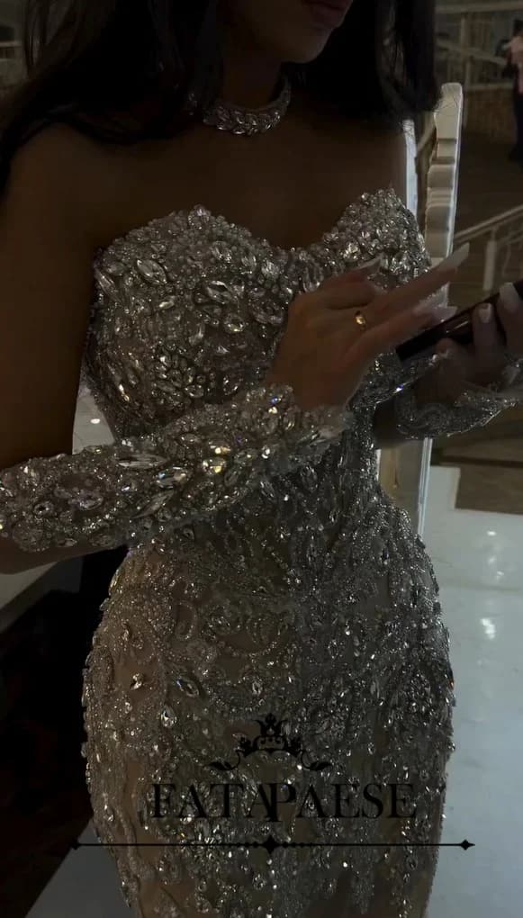 FATAPAESE Customized Shining Rhinestones Luxury Evening Dresses Beading Strapless Prom Dress Exquisite Crystals Wedding Gown