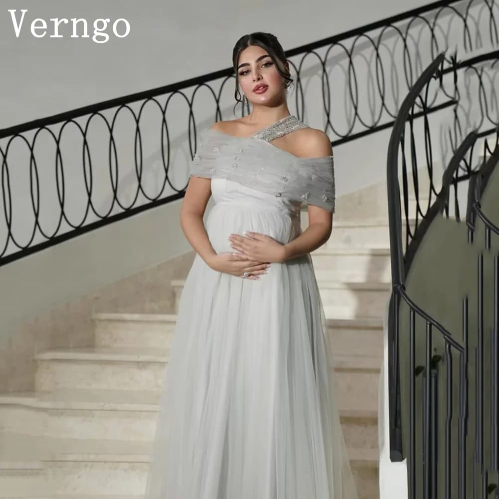 Verngo Gray Tulle Maternity Dress Elegant Off The Shoulder A Line Photoshoot Dress Sequined Celebrity Pregnancy Gowns Customized