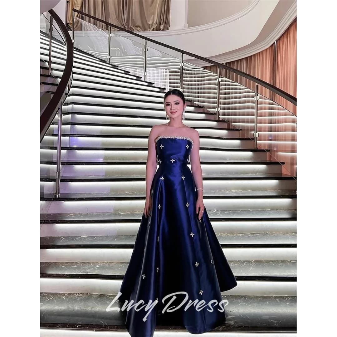 Lucy Satin Strapless Navy Ball Gown Evening Dress 2026 Prom Dress Formal Elegant Beading Customized Robes de Soirée Women High