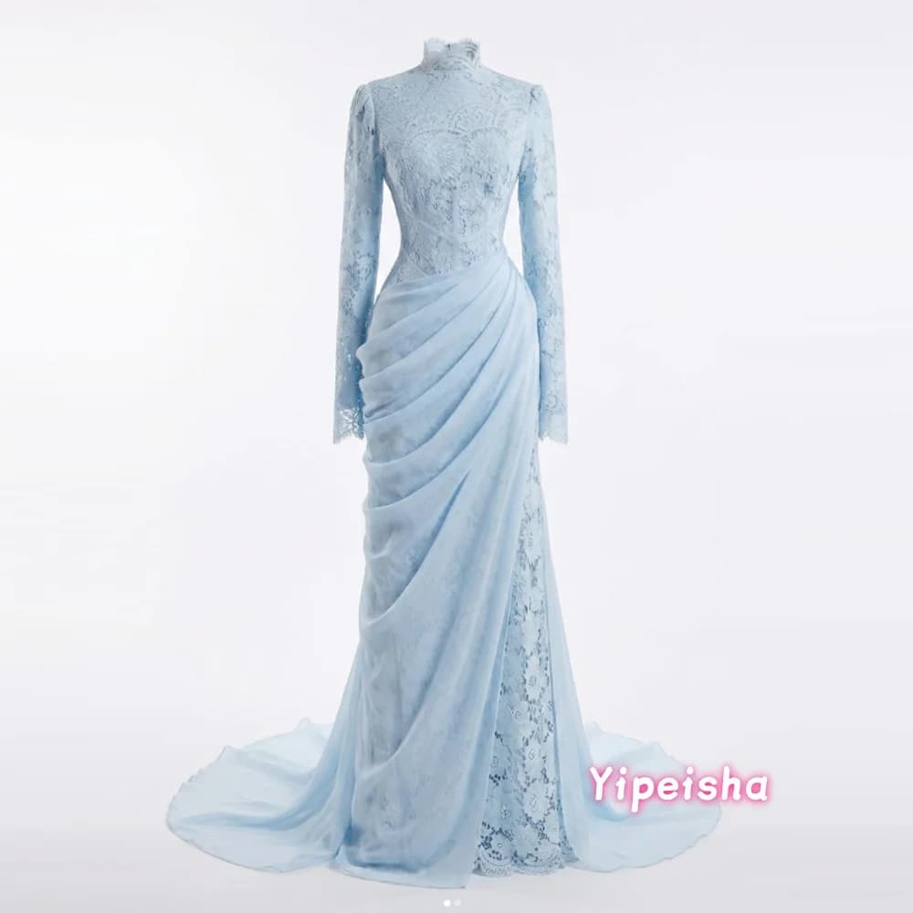 Sky Blue Mermaid Muslim Evening Formal Dresses Ruched High Neck Long Sleeve Bespoke Middle East Prom Gown Outfit Customized