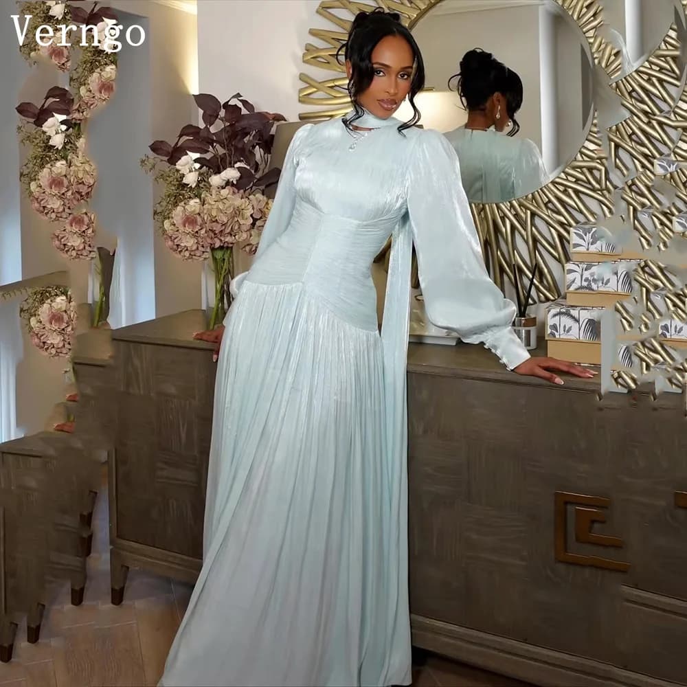 Verngo Light Blue Shiny Chiffon Evening Dress O Neck Full Sleeves A Line Formal Occasion Dress Modest Prom Gowns Customized