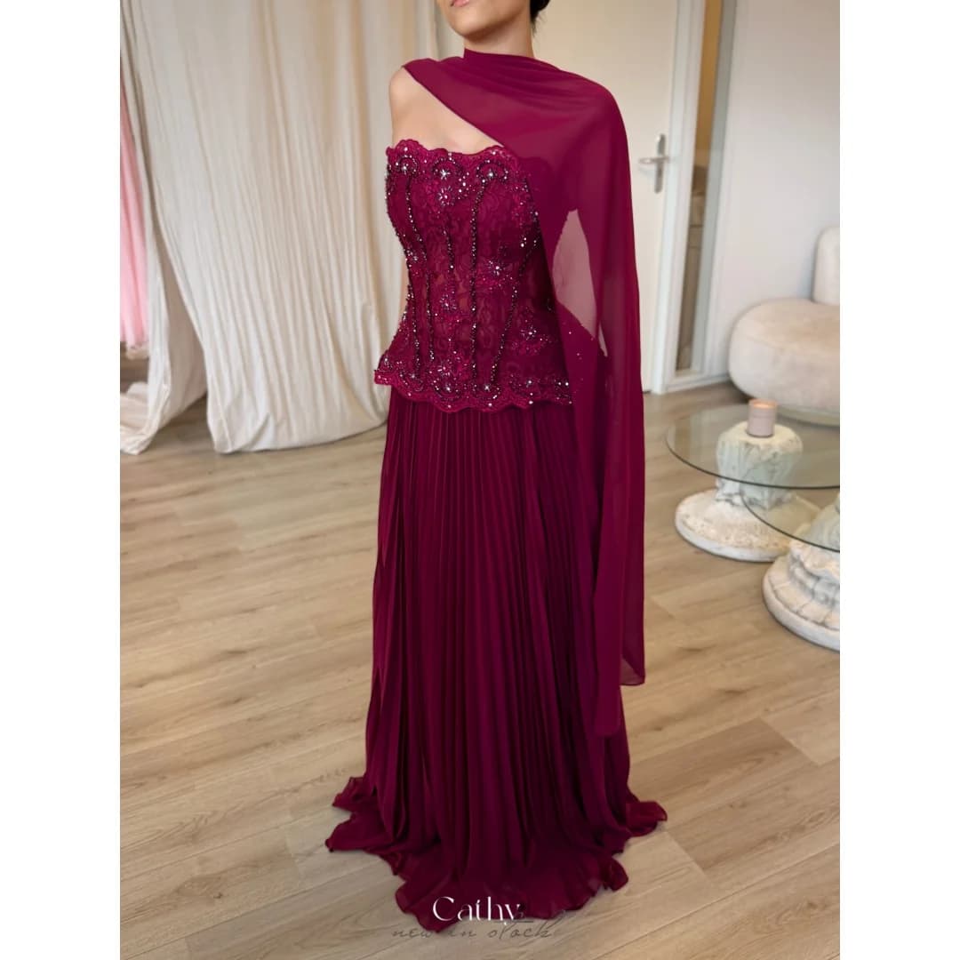Cathy Customized Burgundy One Shoulder Sleeveless Prom Dress Lace Embroidery vestidos de noche Crystal Beading Evening Dresses