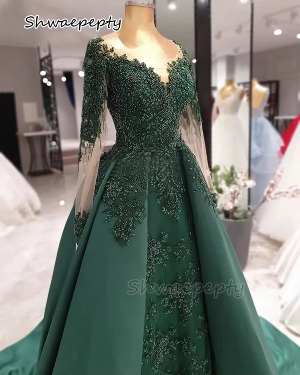 Elegant Hunter Green Evening Dress Arabic Dubai Women Formal Occasion Gowns Long Sleeves Beaded Lace Luxury Prom Wear Customized