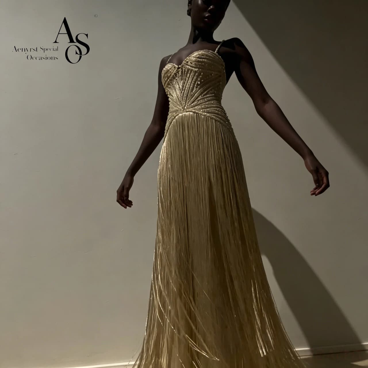 Gold strapless sleeveless maxi gown featuring beaded fringe detailing suitable for formal occasions and balls