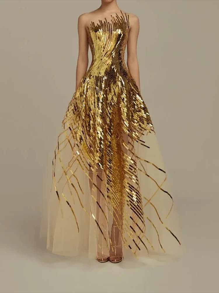 Exquisite Strapless Shiny Sleeveless A-Line Formal Evening Dresses Birthday Party Prom Gowns Customized