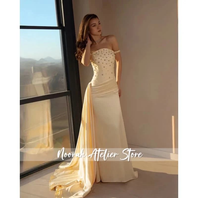 Customized Yellow Diamonds Side Tail Prom Dress Off The Shoulder Pleated vestidos de noche Mermaid Floor-Length Formal