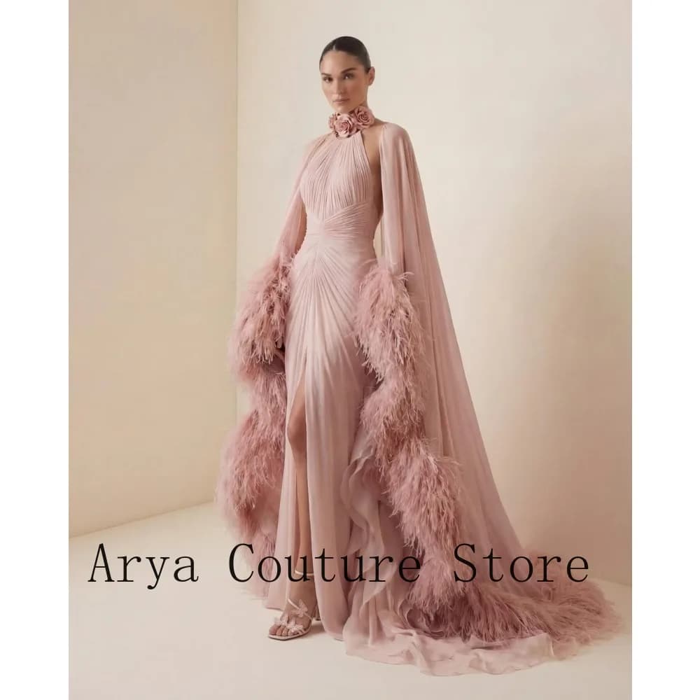 2026 Hot Sale Dusty Pink Formal Dress Halter Neck Floral Choker Cape Feather Trim High Slit Maxi Gown Evening Party Prom Dress