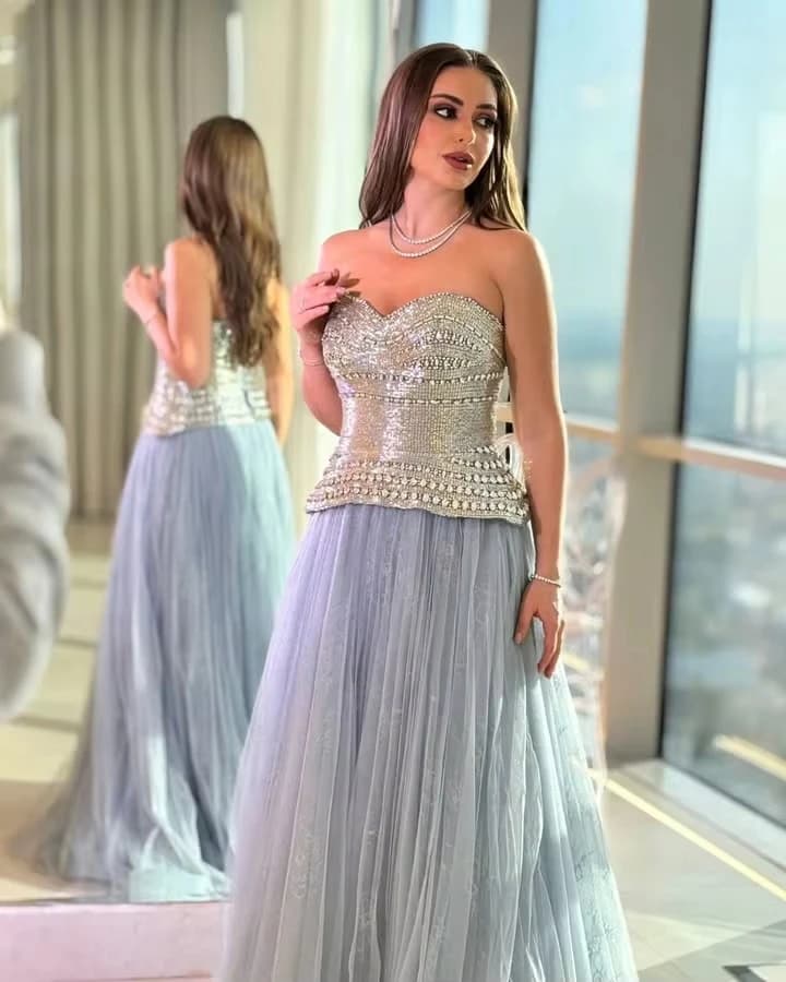 Blue Tulle Evening Dress 2026 Customized Sweetheart Crystals Sequins Beaded Wedding Party Gown  Dubai Prom Dresses Maxi Dresses