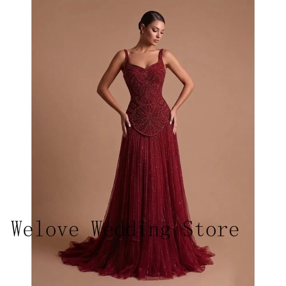 Burgundy Formal Evening Dress Sweetheart Spaghetti Straps Intricate Allover Beaded Pattern Tiered Tulle Skirt and Subtle Train
