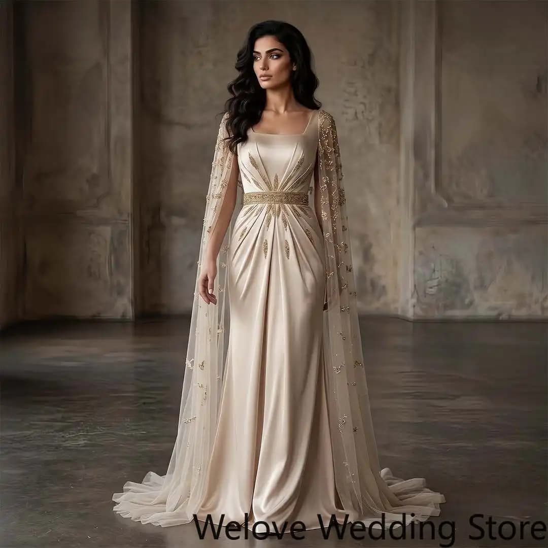 Customized Formal Evening Dress with Square Neckline, Attached Tulle Cape Sleeves with Gold Floral Embroidery,