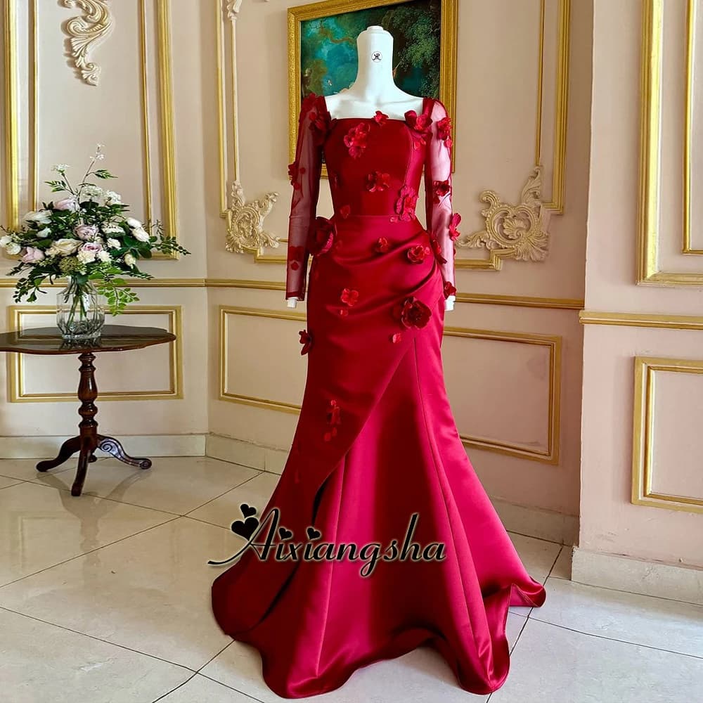 Aixiangsha Classic Long Sleeves Evening Dress for Women Mermaid 3D Flower Saudi Arabia Formal Occasion Robe De Soiree Customized