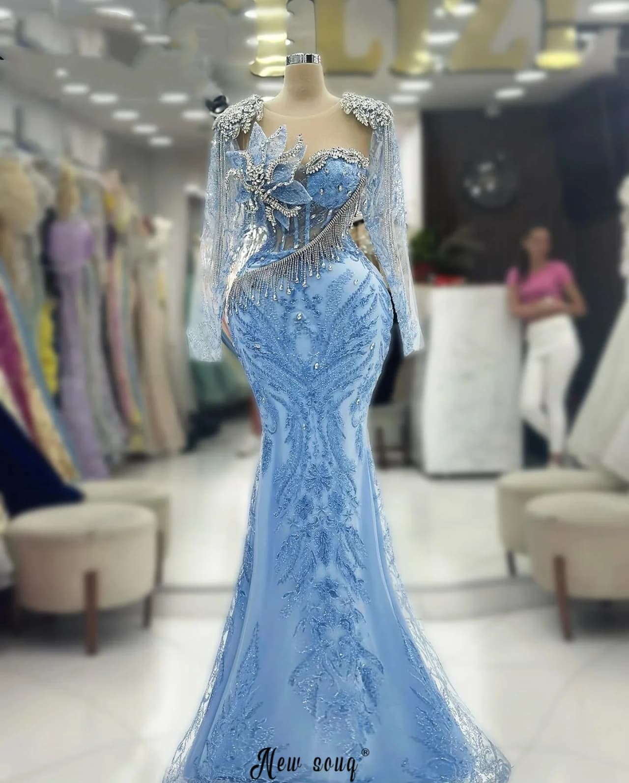 Women's Embroidery Blue Prom Dress Mermaid Long Sleeved Mermaid Special Occasion Gowns Plus Size Dubai Customized vestidos de