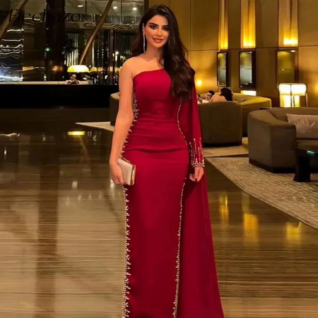 Flechazo Red Satin Evening Dresses Beads One Shoulder Floor-Length With Cape Formal Occasion Party Gowns For Women 2024 Saudi