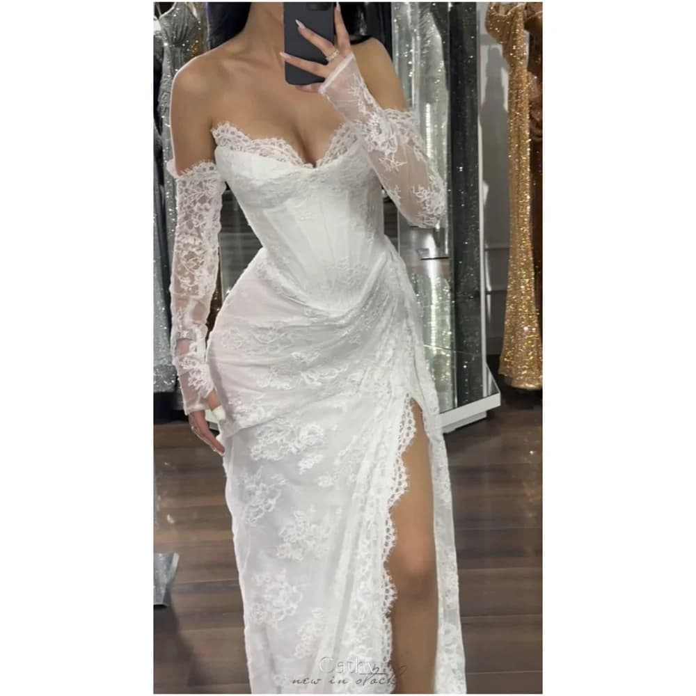 Cathy Customized White Exquisite Lace Mermaid Prom Dress Off The Shoulder Long Sleeves vestidos de noiva Side High Split Formal