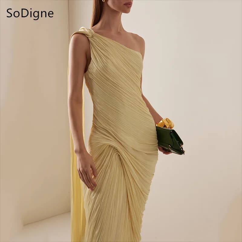 SoDigne Arabic Evening Dresses One Shoulder Pleat Formal Dress Floor-Length Wedding Guest Prom Party Gown 2026 Customized