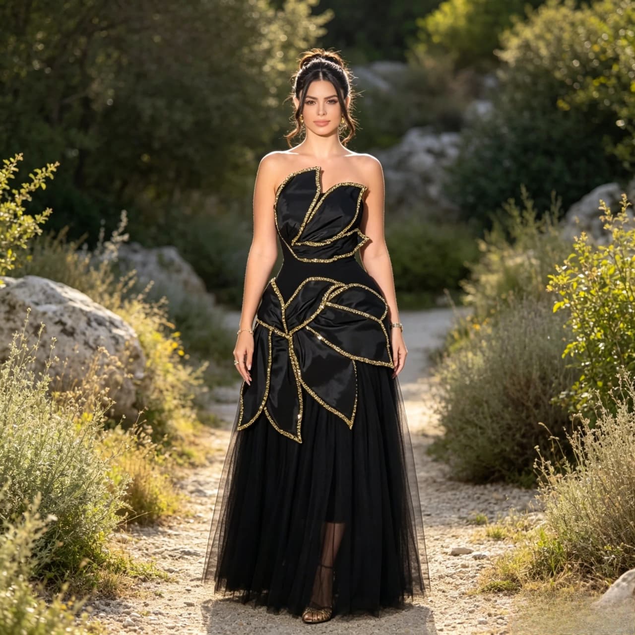 Customized Statement Evening Gown Featuring a Strapless Neckline, Sculpted Floral Petal Bodice with Gold Beaded Trim