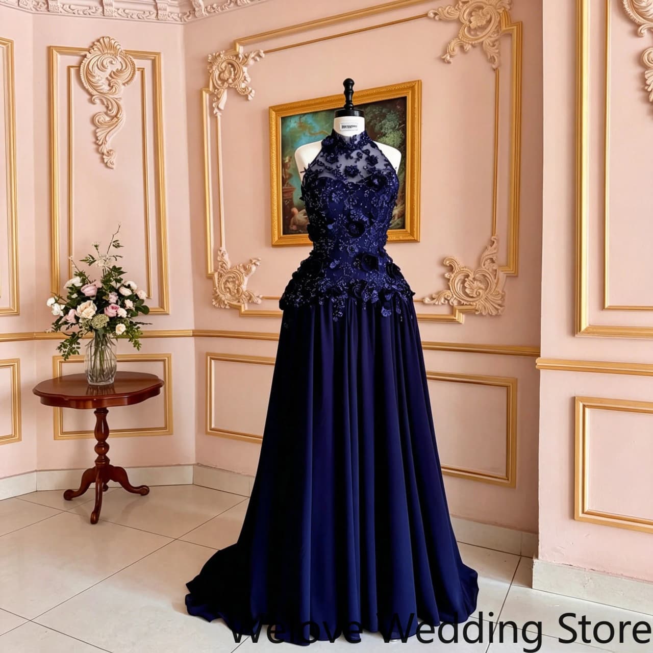 Formal Evening Dress with Sheer High Neck, Hand‑Sewn 3D Floral Lace Bodice, Flowy Pleated Chiffon Skirt and Floor‑Length Hem