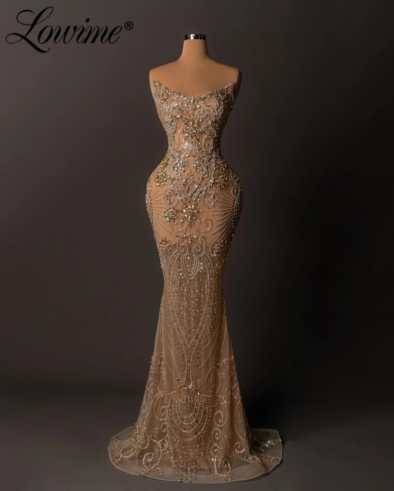 Lowime 2025 Luxury Rhinestone Beaded Crystal Mermaid Bridal Gowns Evening Dresses Strapless Mermaid Customized Prom Party Dress