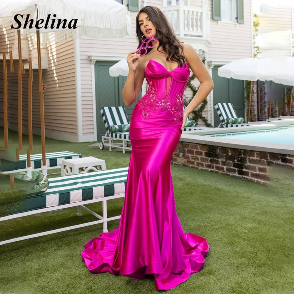 Shelina Modern Trumpet Evening Dress Lace Appliques V-neck Satin Pleat Sleeveless Ceremony Vestidos De Fiesta Customized