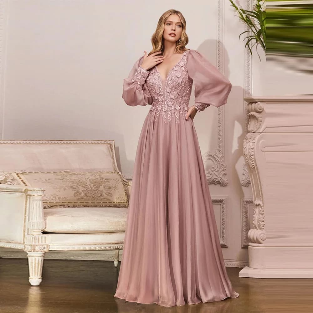 Sexy Long Sleeves A-Line Evening Dresses For Women Elegant Pleat Tulle Prom Gown Banquet Vestidos De Fiesta Elegantes Customized
