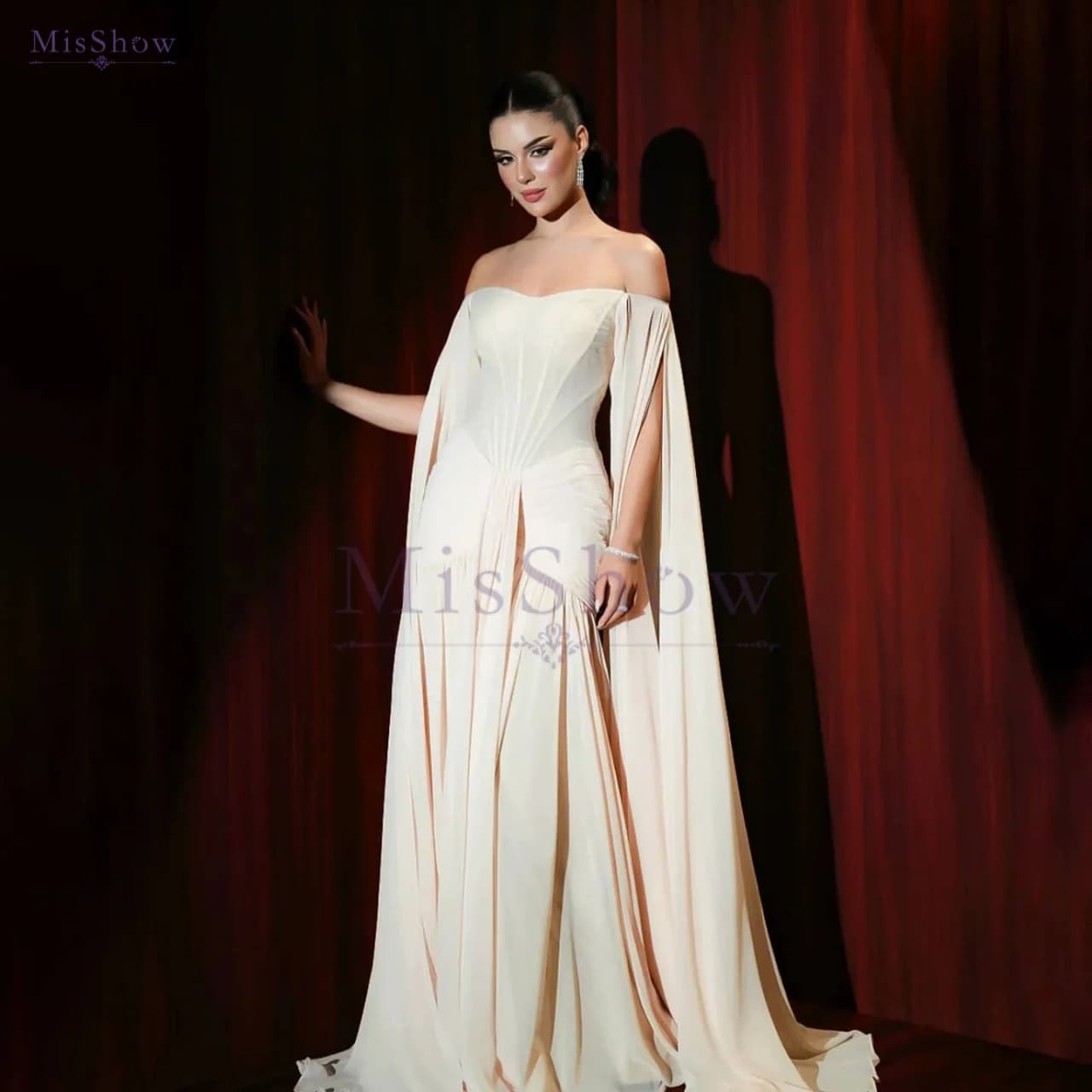 MisShow 2026 Cream Chiffon A-Line Evening Dress With Watteau Cape Sleeves For Women Wedding Party Formal Occasion Customized