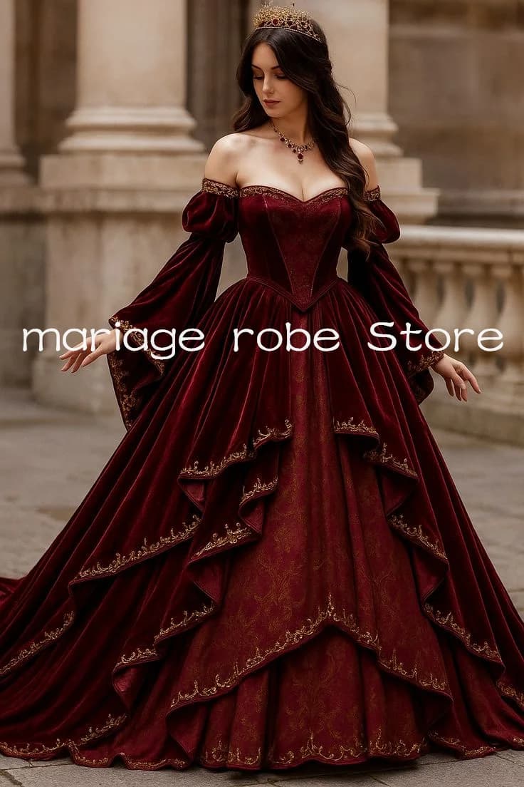 Burgundy Velvet Mediveal Tudor Evening Dresses Off Shoulder Long Sleeve Corset Lace-up Prom Gown Moive Costume Customsized