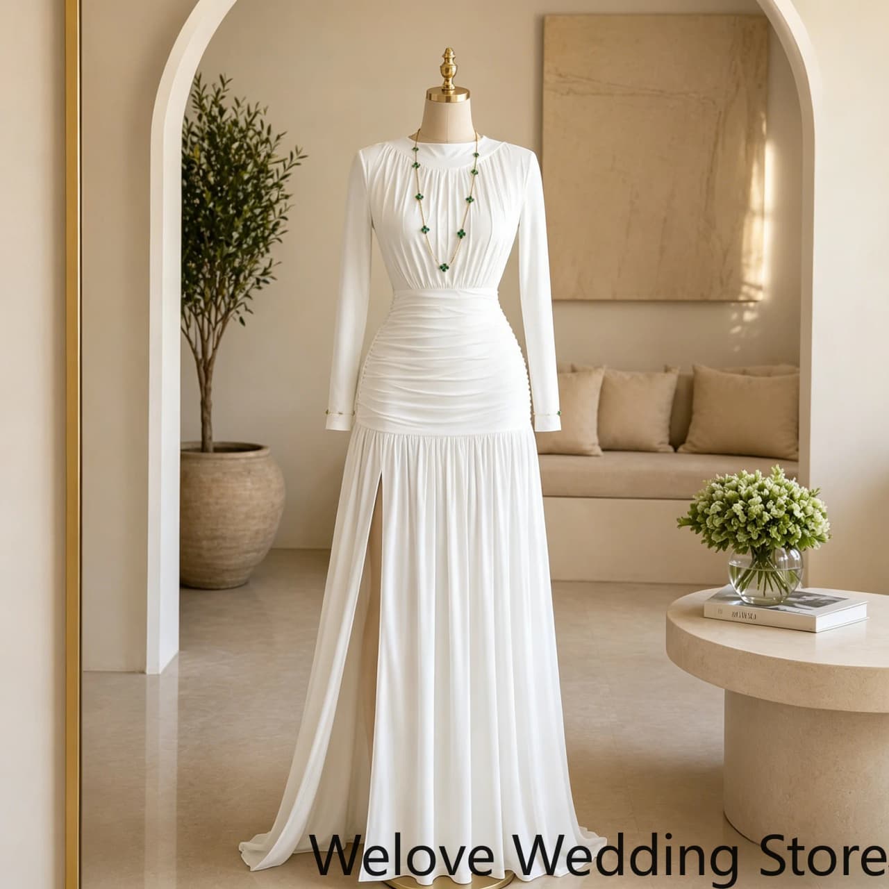 White Formal Evening Gown With High Neckline, Long Sleeves, Ruched Fitted Waist, High Thigh Slit, Soft Flowy Chiffon Fabric
