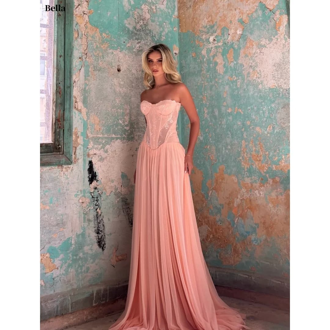 Bella Customized Peach Sleeveless Prom Dresses Elegant Strapless Sweep Train vestidos de noche Lace Corset  Formal Evening 2026