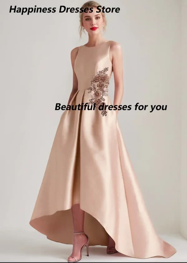Customized Stain Embroidery Sleeveless  Ankle-Length Evening Dresses Pleated O-neck Hi-Lo Dresses Open Back Party Dresses