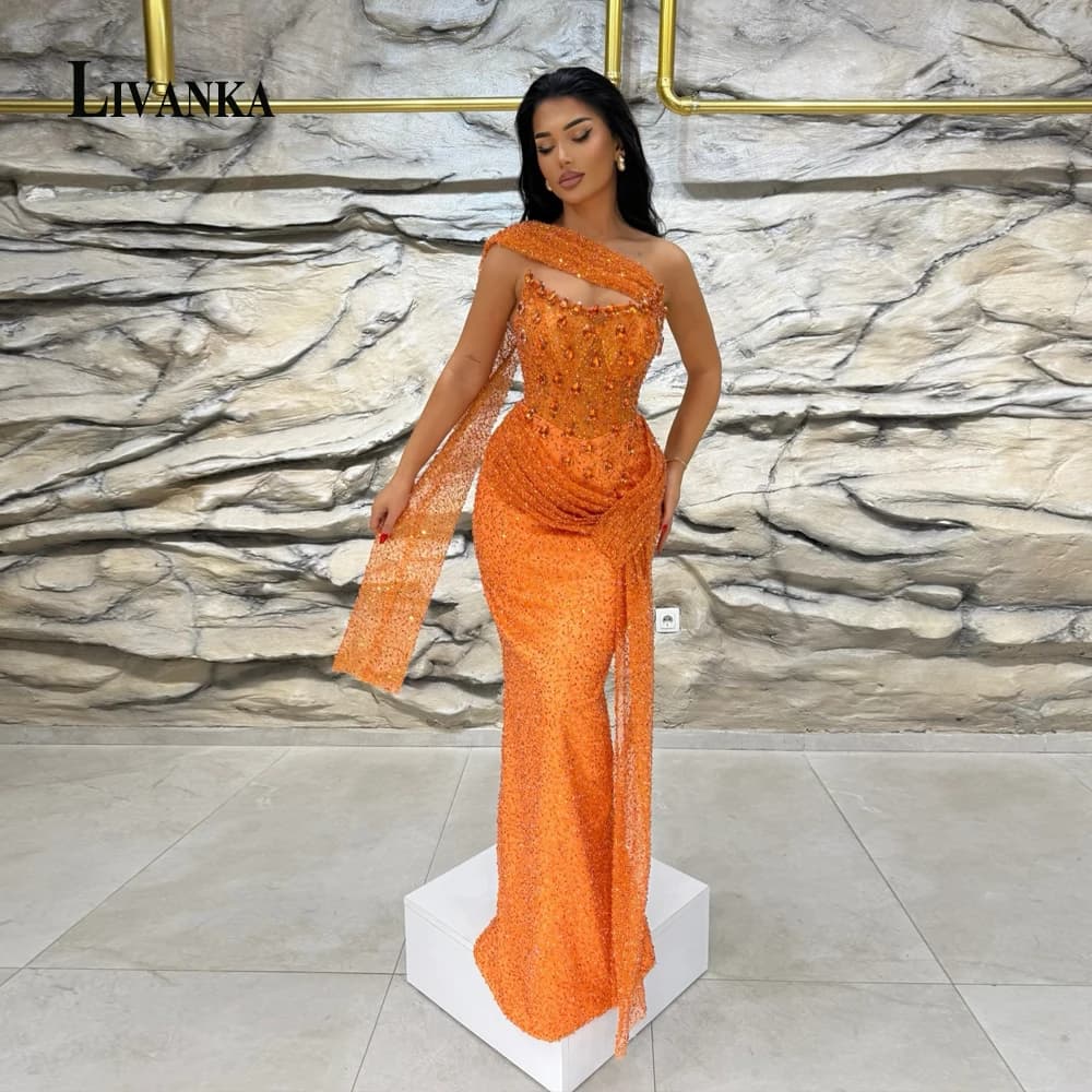 LIVANKA Trendy One Shoulder Evening Dress for Woman Pleated Rhinestones Special Events Dress Vestidos de Graduacion Customized