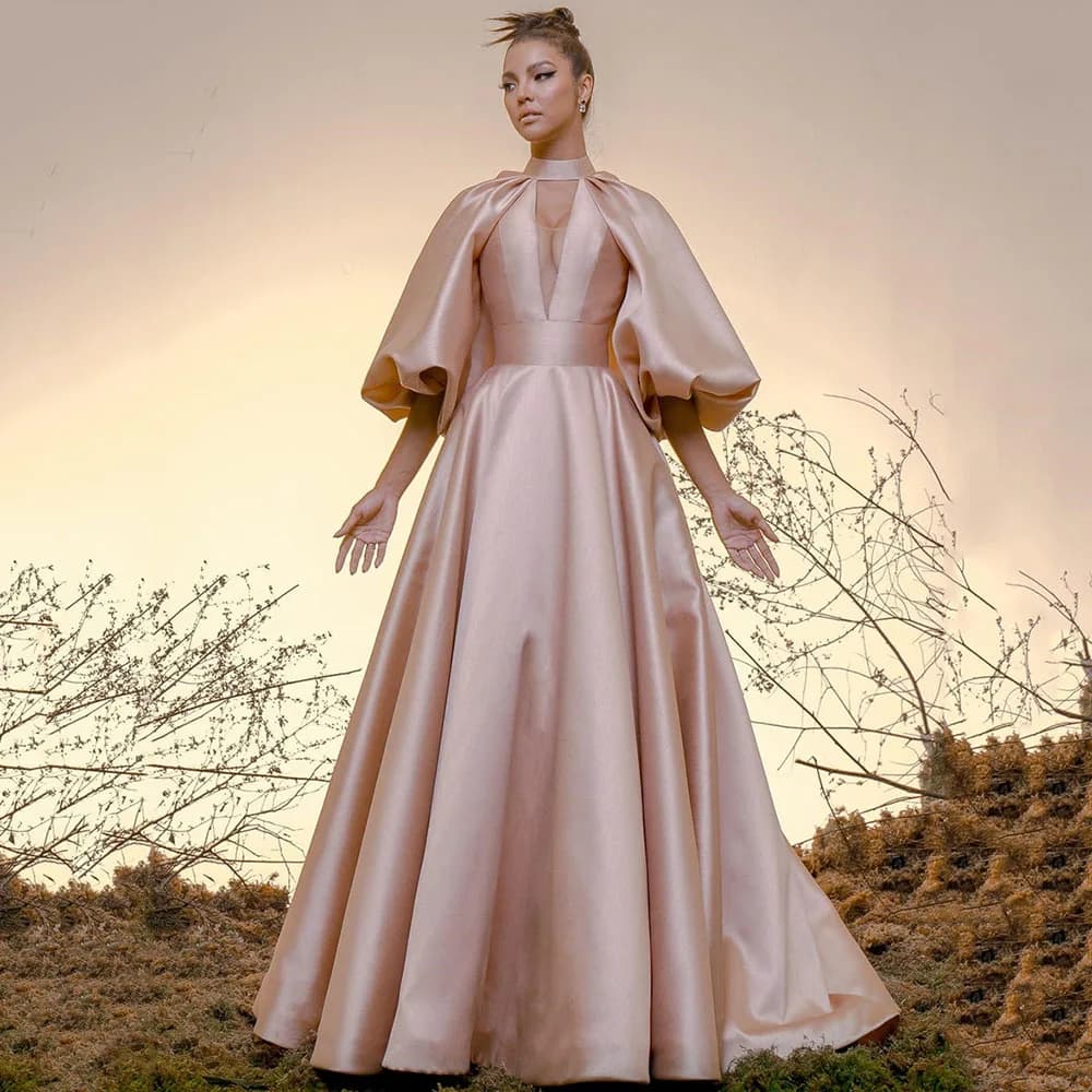 Elegant A Line Evening Dress High Neck Puff Sleeves Prom  Floor Length Formal Party Gowns Vestidos De Fiesta