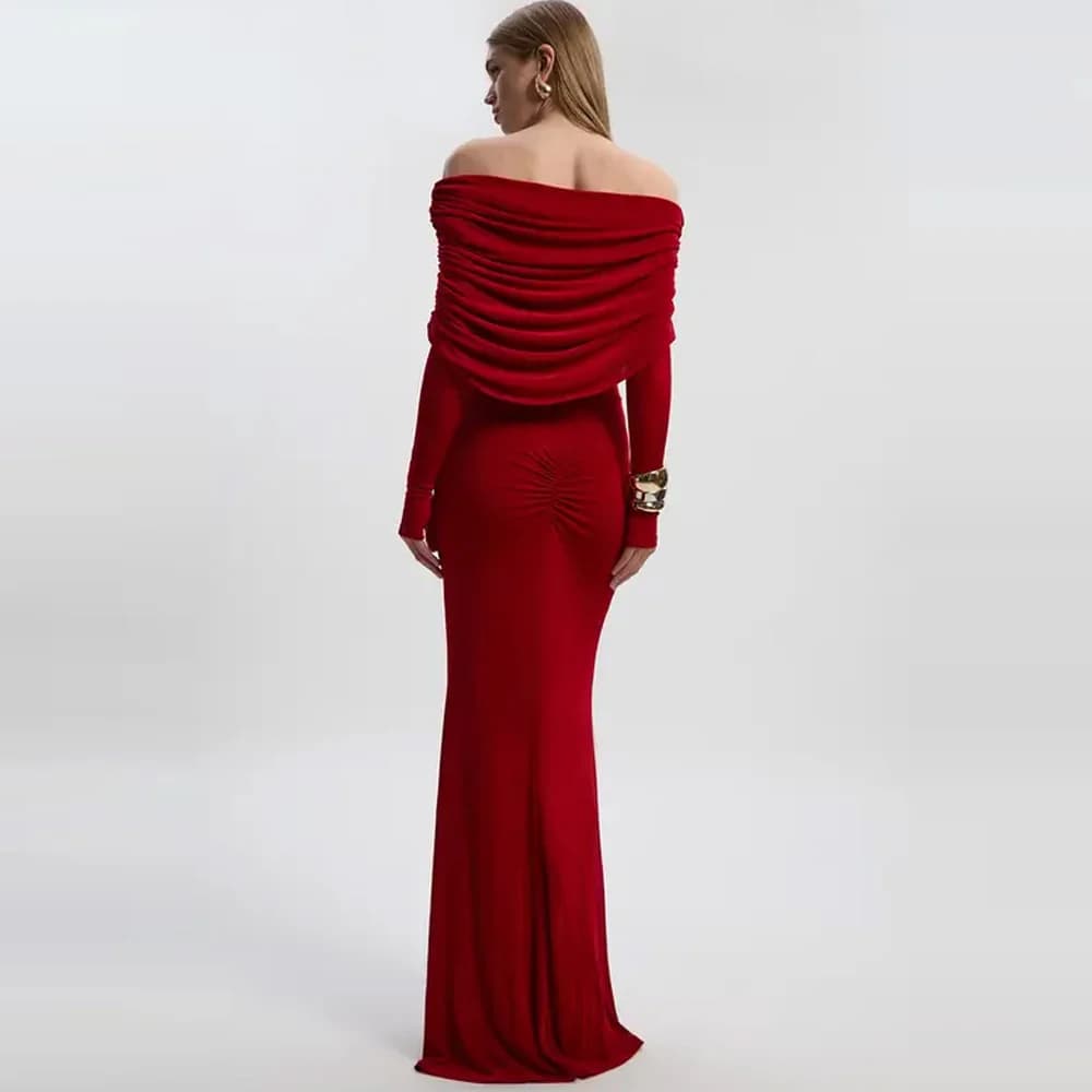 Custom Luxury Red Off-the-shoulder Ruched Mermaid Evening Dress, Long Sleeve Formal Prom Gown