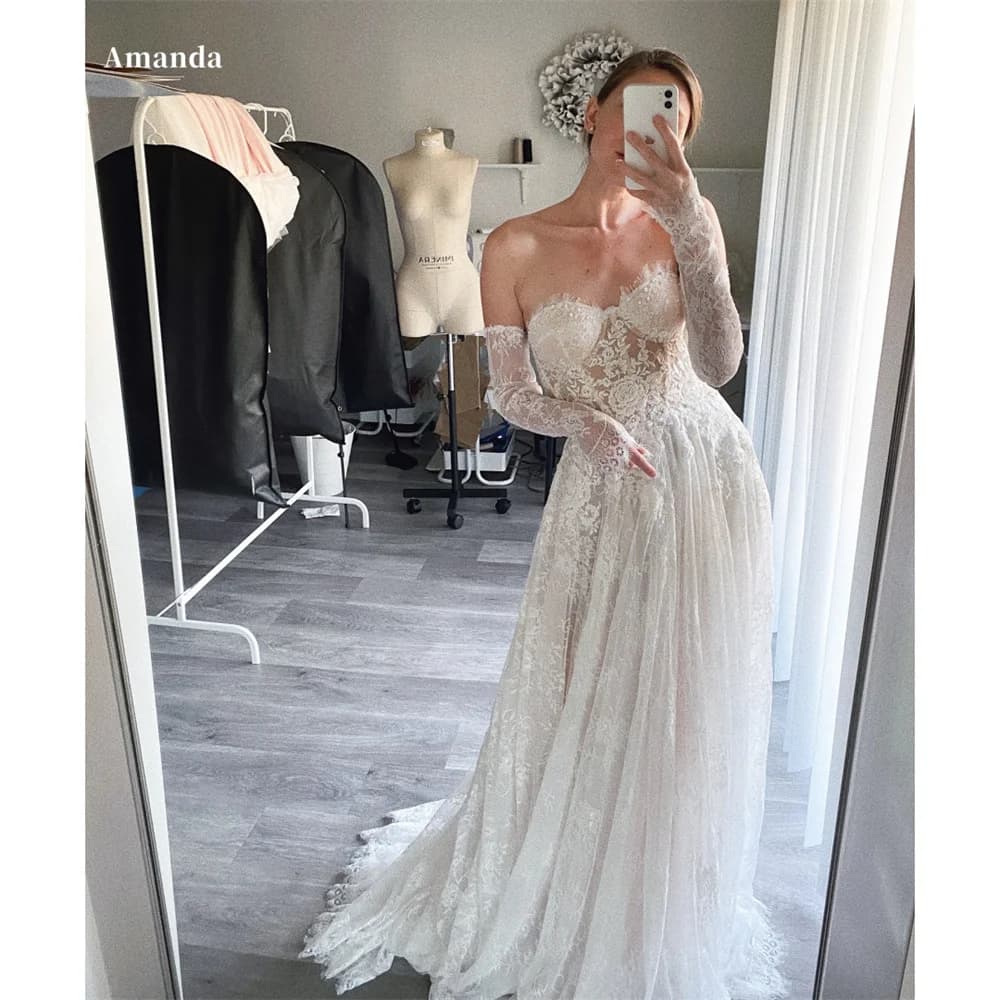 Amanda Customized Lace Strapless robes de soirée A-Line V Neck Floor-Length Draped Evening Dresses Wedding Party Wedding Dress