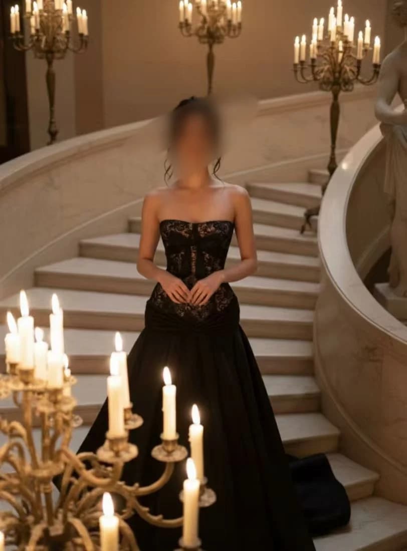 Customized Evening Dress Black Strapless Lace Corset Ball Gown with Tulle Skirt and Elegant Floor-Length Silhouette