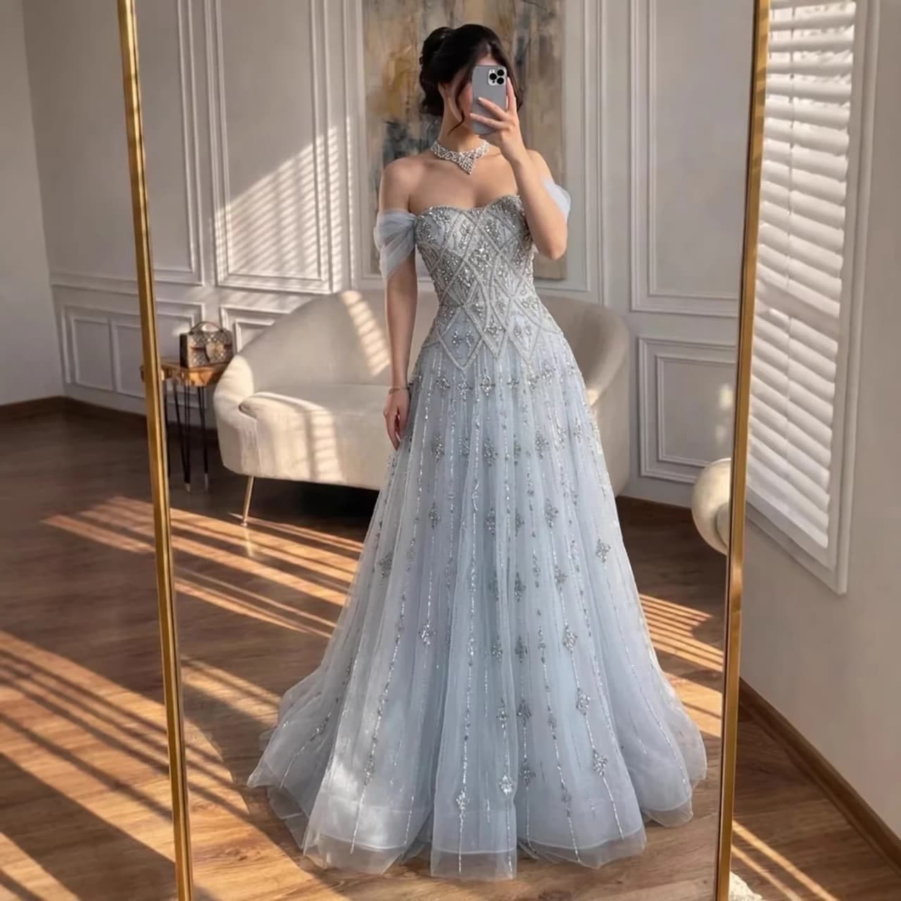 Serene Hill 2026 Luxury Gray Blue Beaded A-Line Evening Dress with Necklace Dreamy Formal Party Gown LA73397 Customized