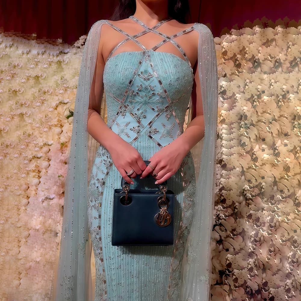 Sharon Said Dubai Champagne Mermaid Evening Dresses with Cape Sleeves Aqua Criss Cross Lilac Wedding Party Gown SS391 Customized