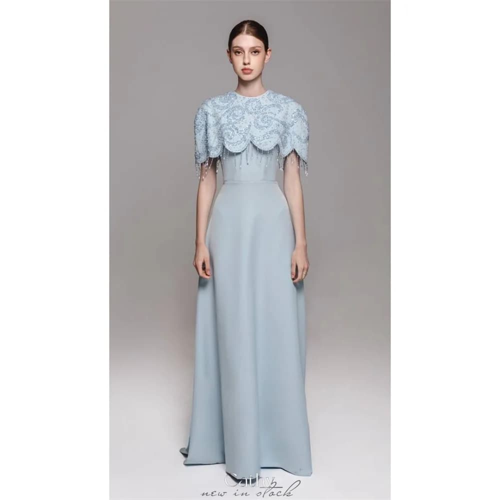 Cathy Customized Light Blue O Neck Prom Dress Exquisite Cape A-line Zip Back vestidos de noiva Floor-length Evening Dresses 2025