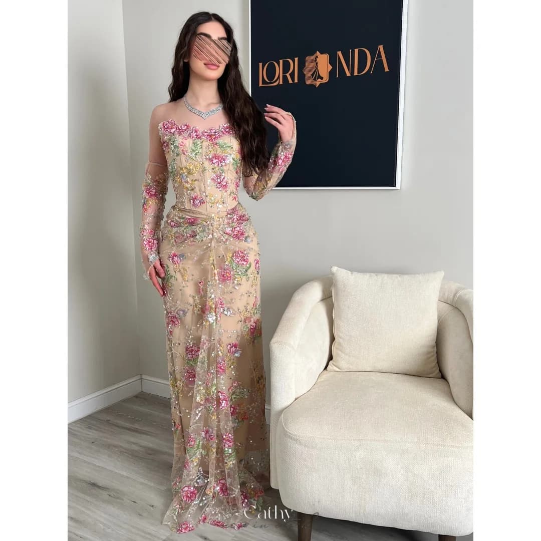 Cathy Customized Pink Off Shoulder Long Sleeve Prom Dress Tulle Floor-Length vestidos de noche Shiny Sequins Formal Evening 2026